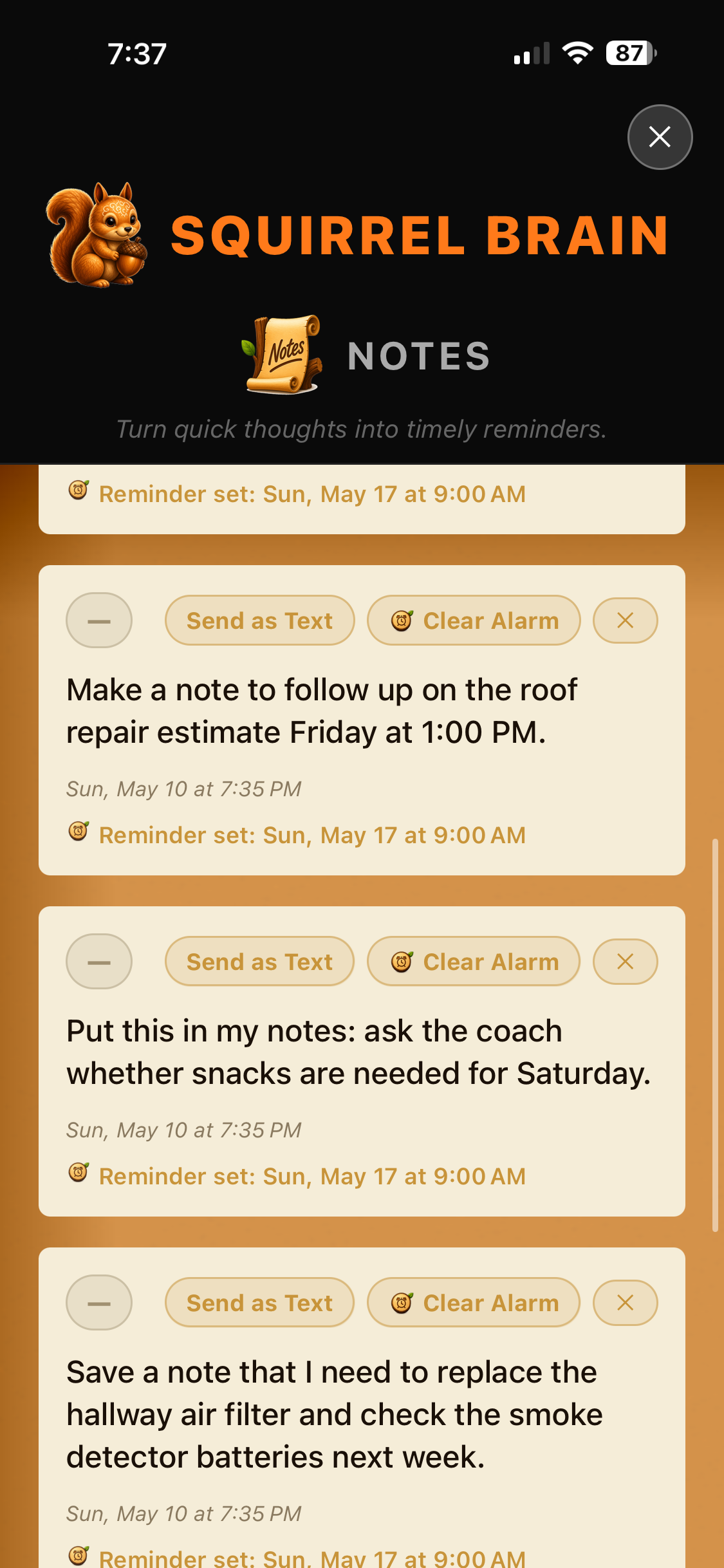 Notes screen